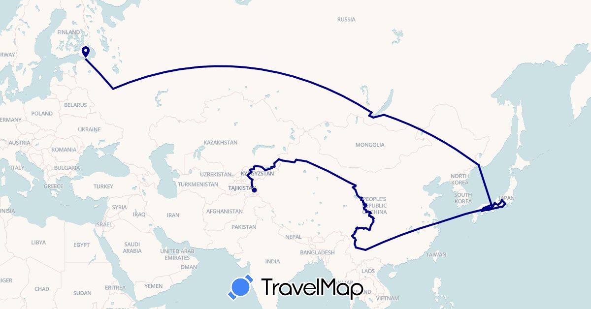 TravelMap itinerary: driving in China, Japan, Kyrgyzstan, Kazakhstan, Russia, Tajikistan (Asia, Europe)